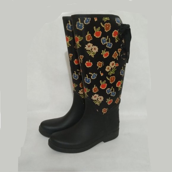 EUC Coach TRISTEE Black & Multicolor Floral Rainboots RARE WOM US 7 / EU 37 ANB - Picture 1 of 9